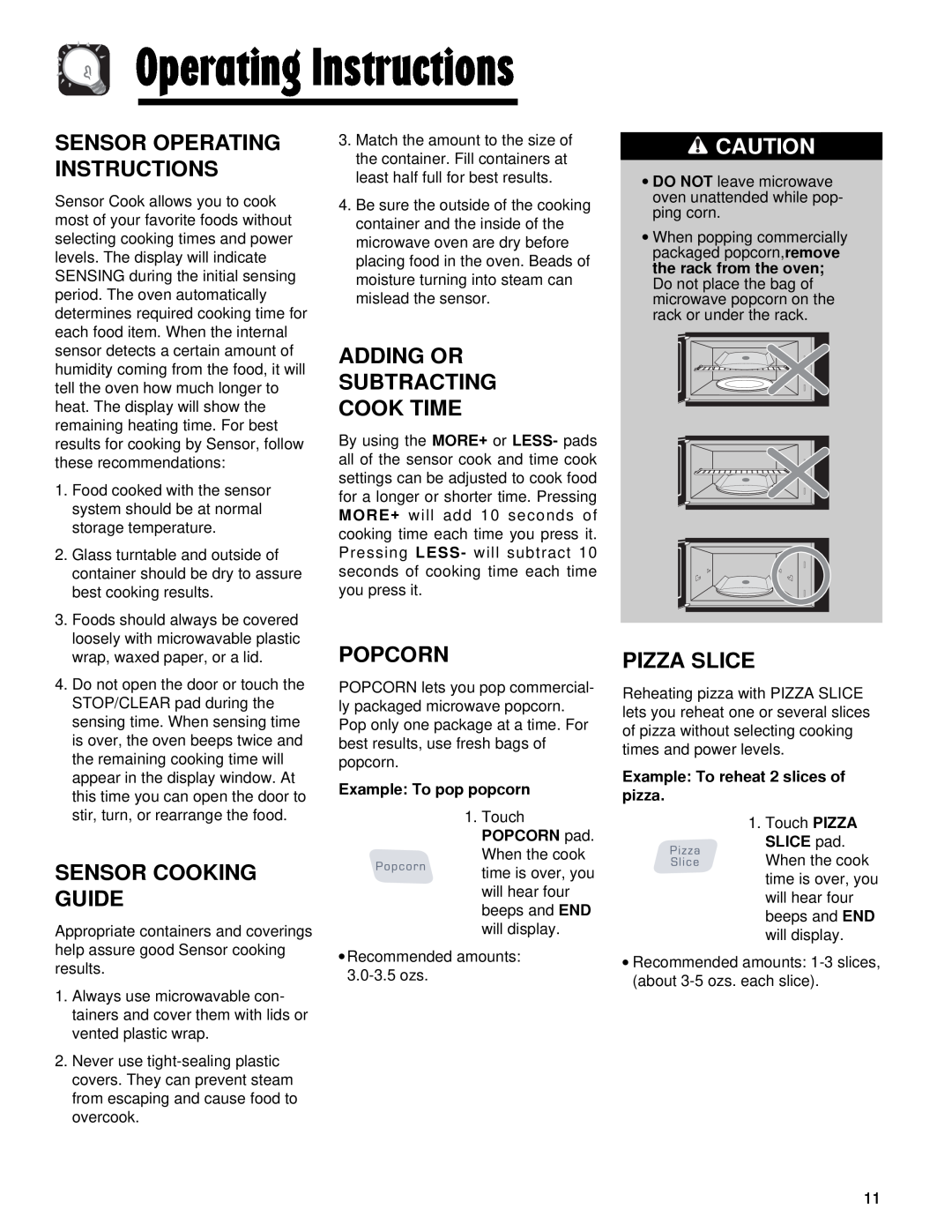 Maytag AMV5164AA, AMV5164AC Sensor Operating Instructions, Sensor Cooking Guide, Adding Or Subtracting Cook Time, Popcorn 