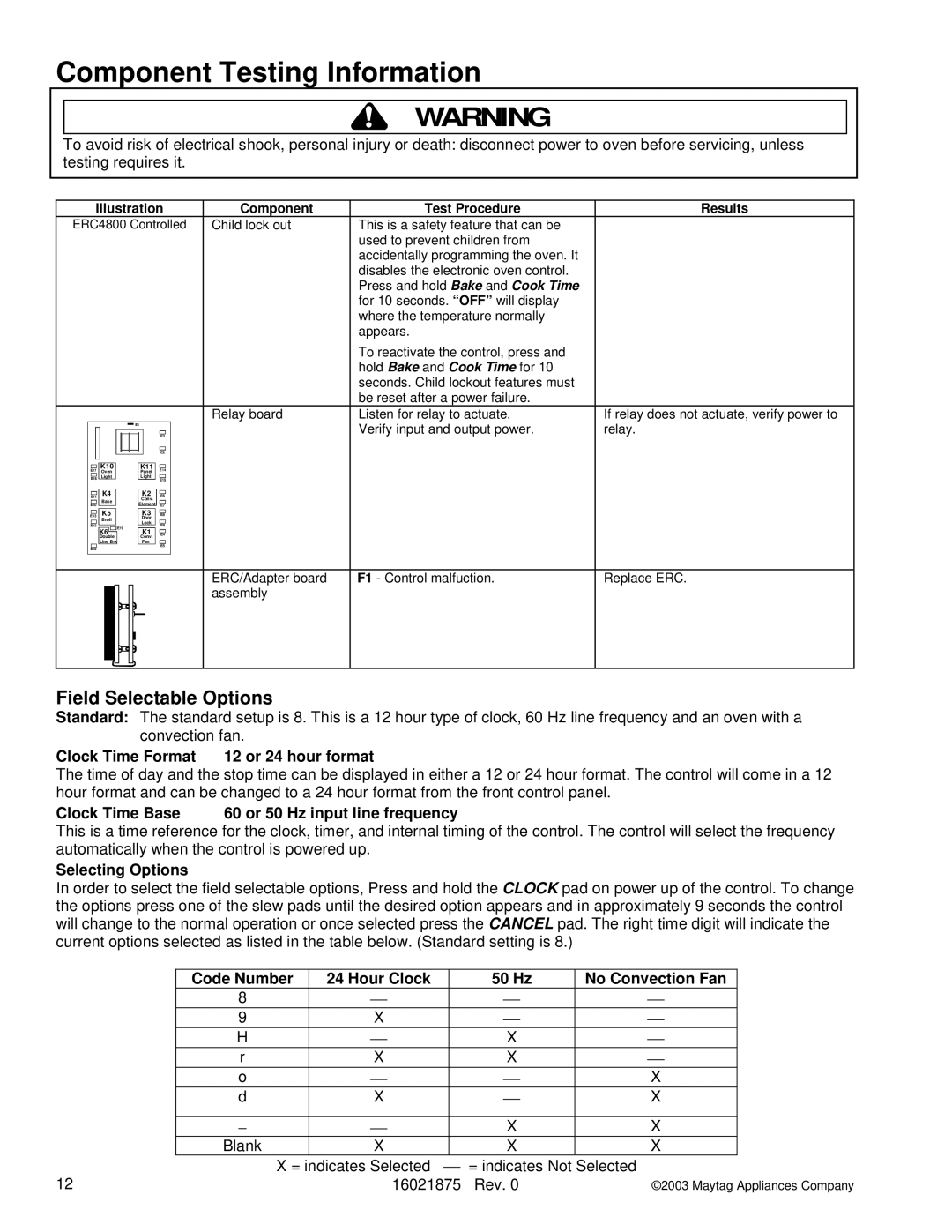 Maytag AOES3030, AOCS3040 manual Field Selectable Options, Clock Time Format 12 or 24 hour format, Selecting Options 