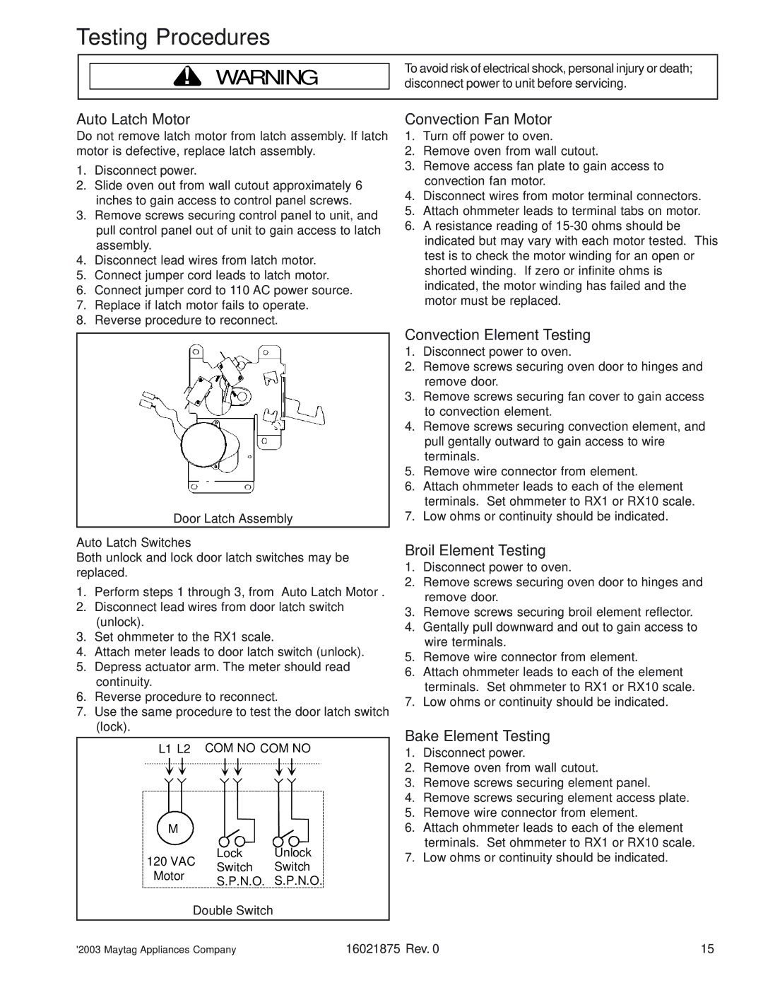 Maytag AOCS3040, AOES3030 manual Auto Latch Motor, Convection Fan Motor, Convection Element Testing, Broil Element Testing 