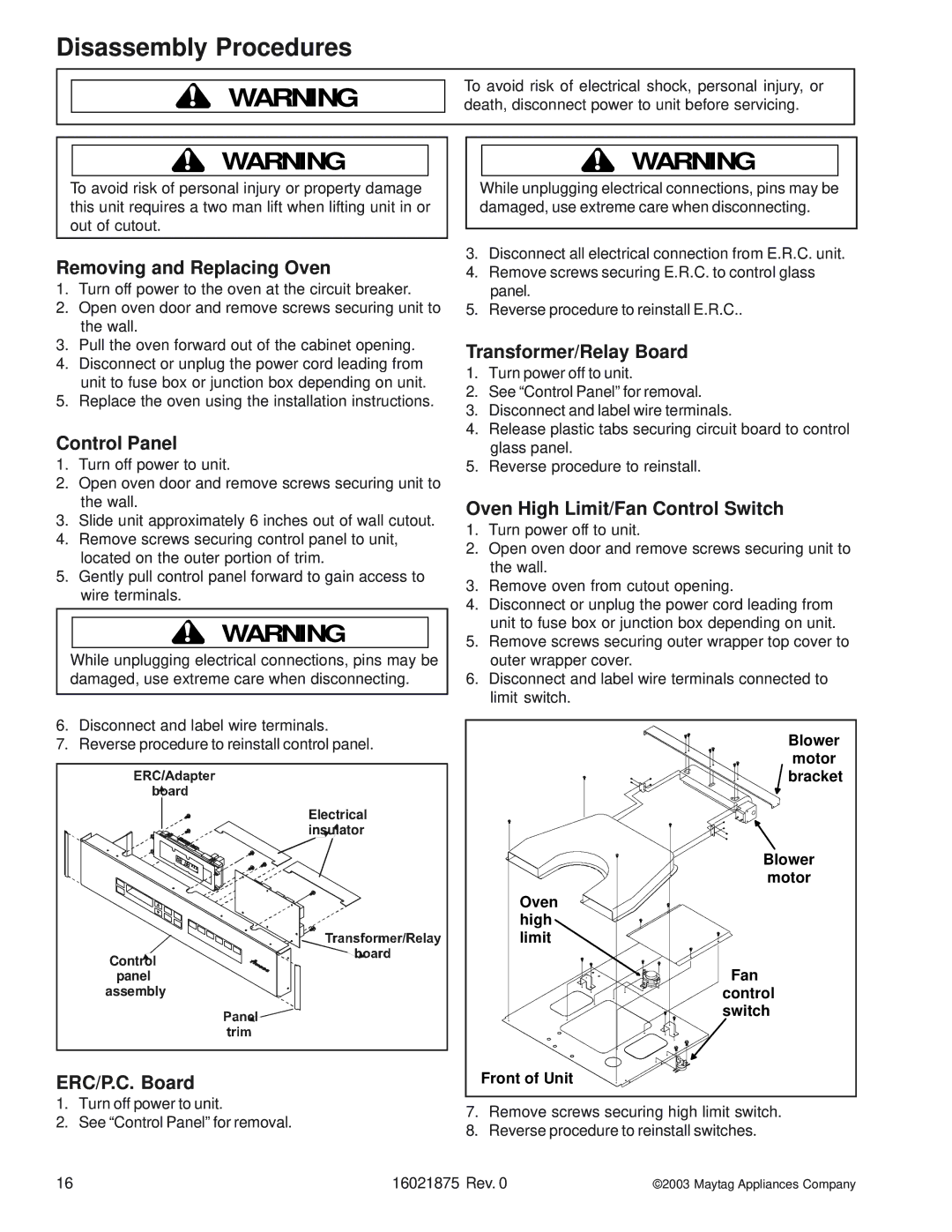 Maytag AOES3030, AOCS3040 manual Removing and Replacing Oven, Control Panel, ERC/P.C. Board, Transformer/Relay Board 