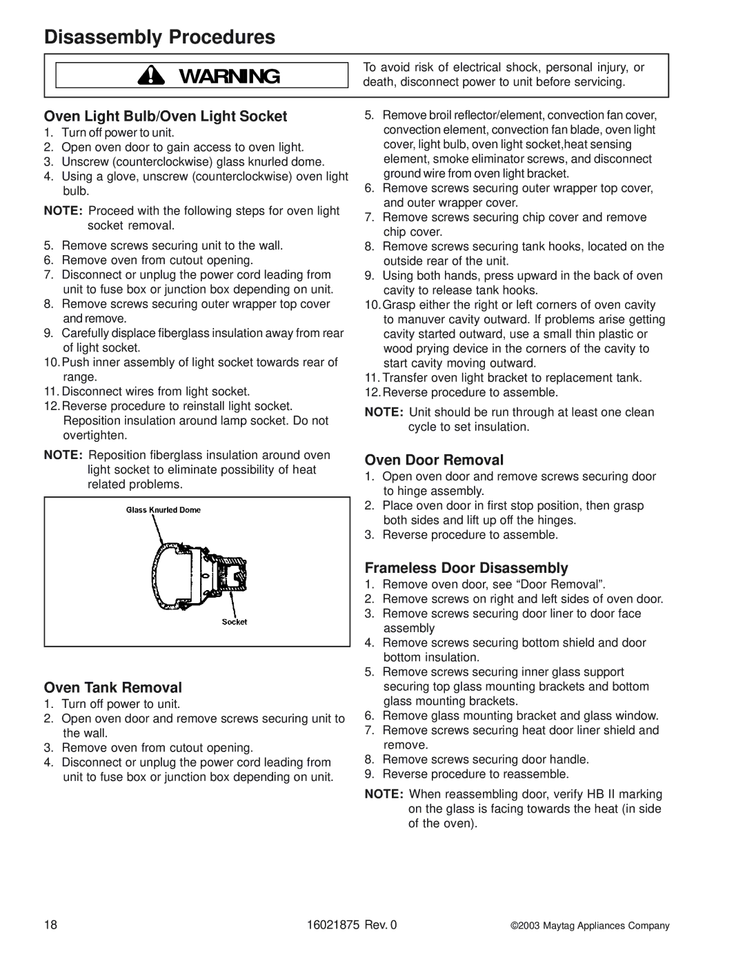 Maytag AOES3030 manual Oven Light Bulb/Oven Light Socket, Oven Tank Removal, Oven Door Removal, Frameless Door Disassembly 