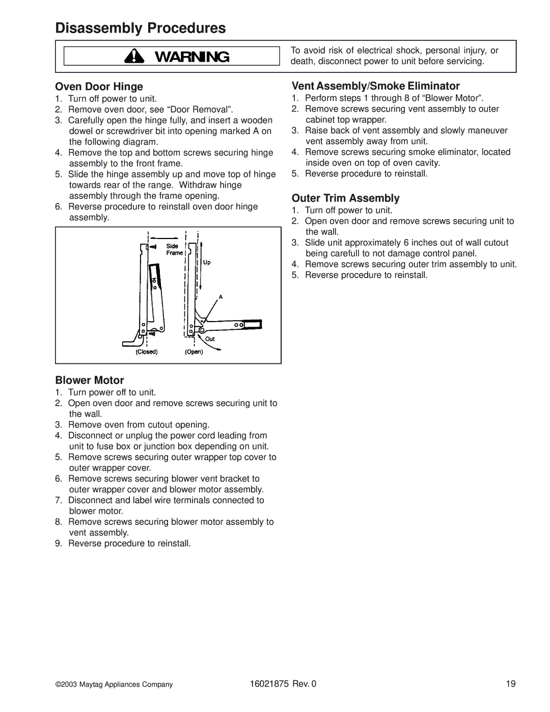 Maytag AOCS3040, AOES3030 manual Oven Door Hinge, Vent Assembly/Smoke Eliminator, Outer Trim Assembly 