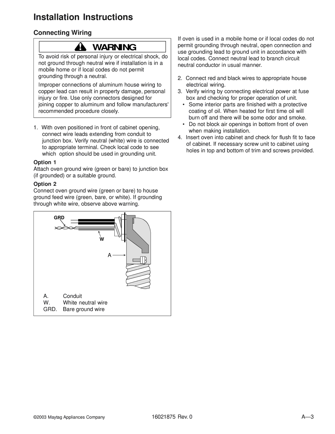 Maytag AOCS3040, AOES3030 manual Connecting Wiring, Option 