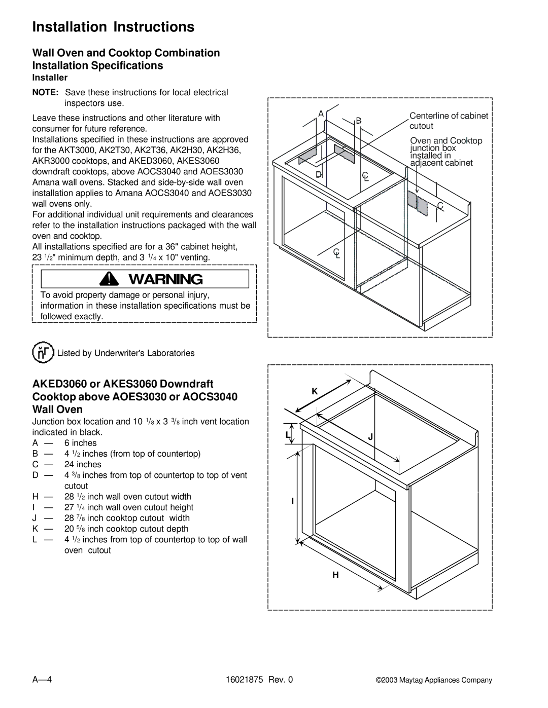 Maytag AOES3030, AOCS3040 manual Installation Instructions 