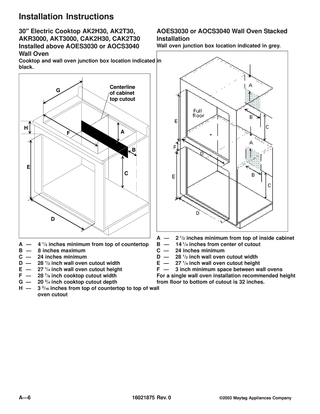 Maytag manual AOES3030 or AOCS3040 Wall Oven Stacked Installation, Cabinet, Top cutout 