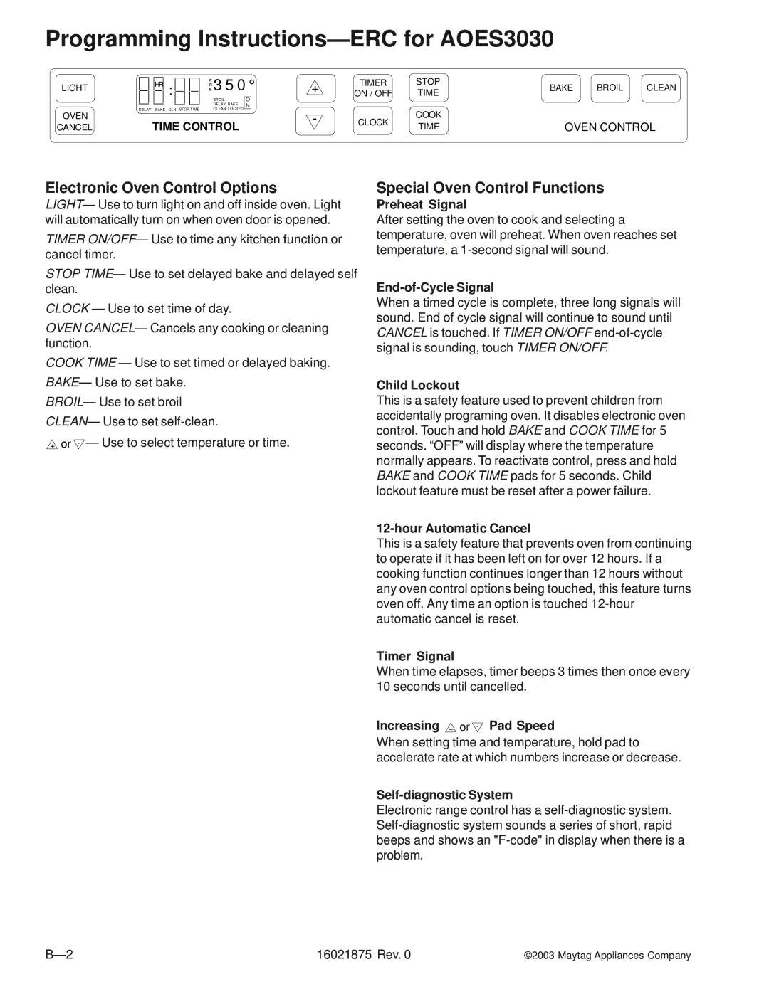 Maytag manual Programming Instructions-ERC for AOES3030, Electronic Oven Control Options, Special Oven Control Functions 