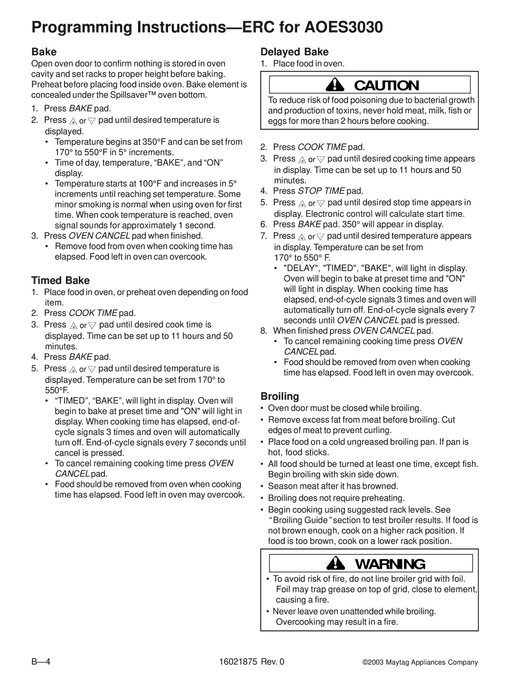 Maytag AOES3030, AOCS3040 manual Timed Bake, Delayed Bake, Broiling 