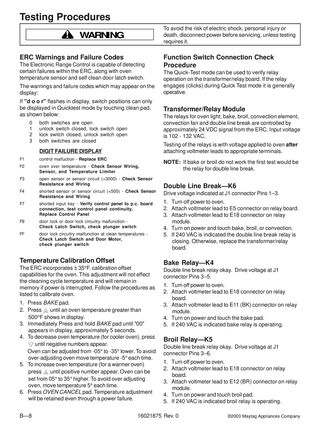 Maytag AOES3030 manual ERC Warnings and Failure Codes, Function Switch Connection Check Procedure, Transformer/Relay Module 