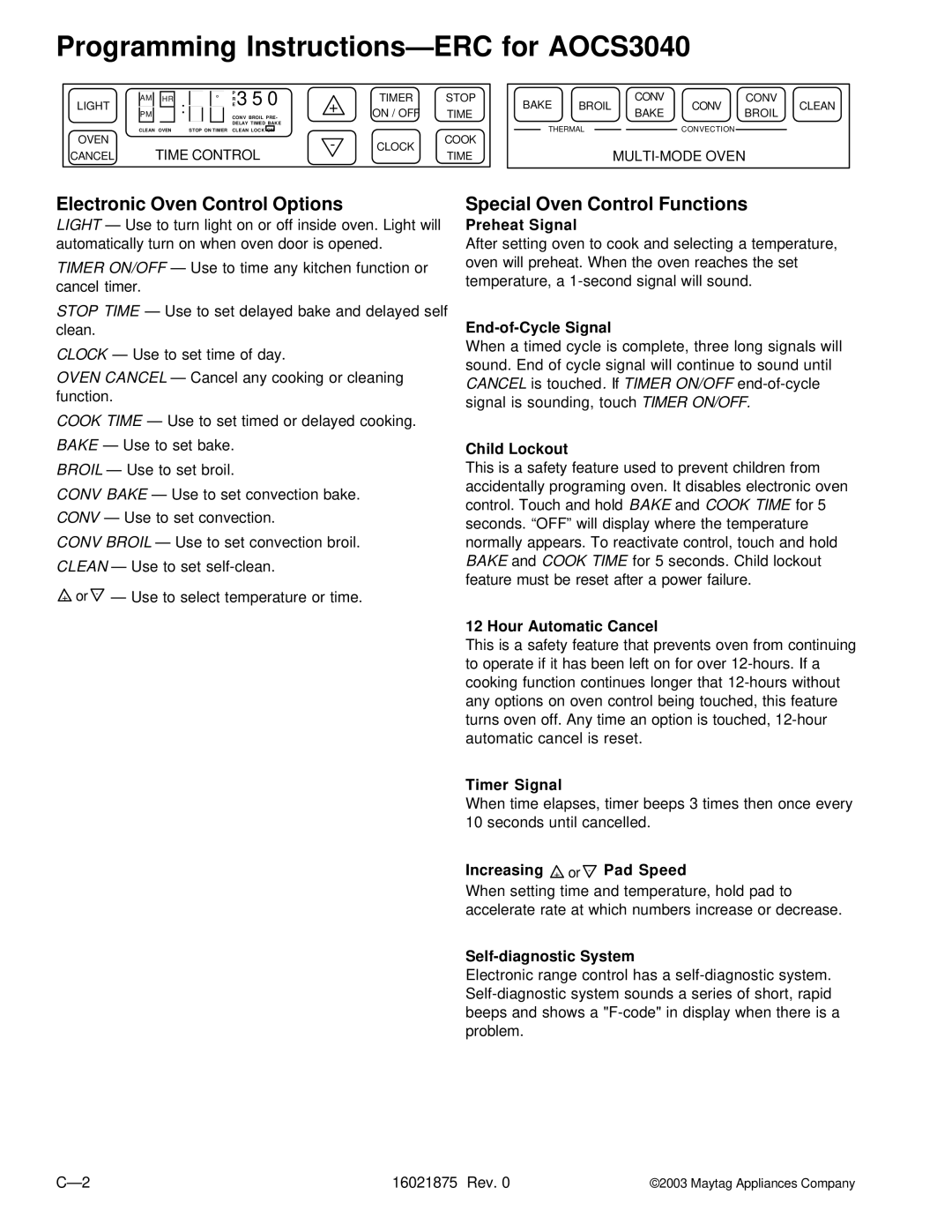 Maytag AOES3030 manual Programming Instructions-ERC for AOCS3040 