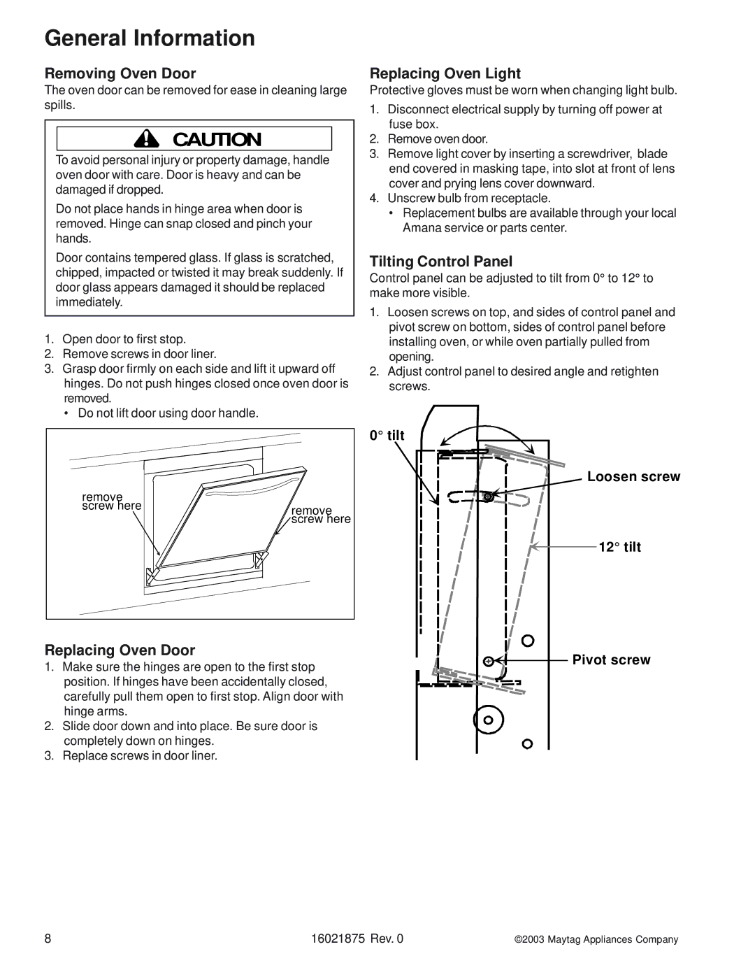 Maytag AOES3030, AOCS3040 manual Removing Oven Door, Replacing Oven Door, Replacing Oven Light, Tilting Control Panel 