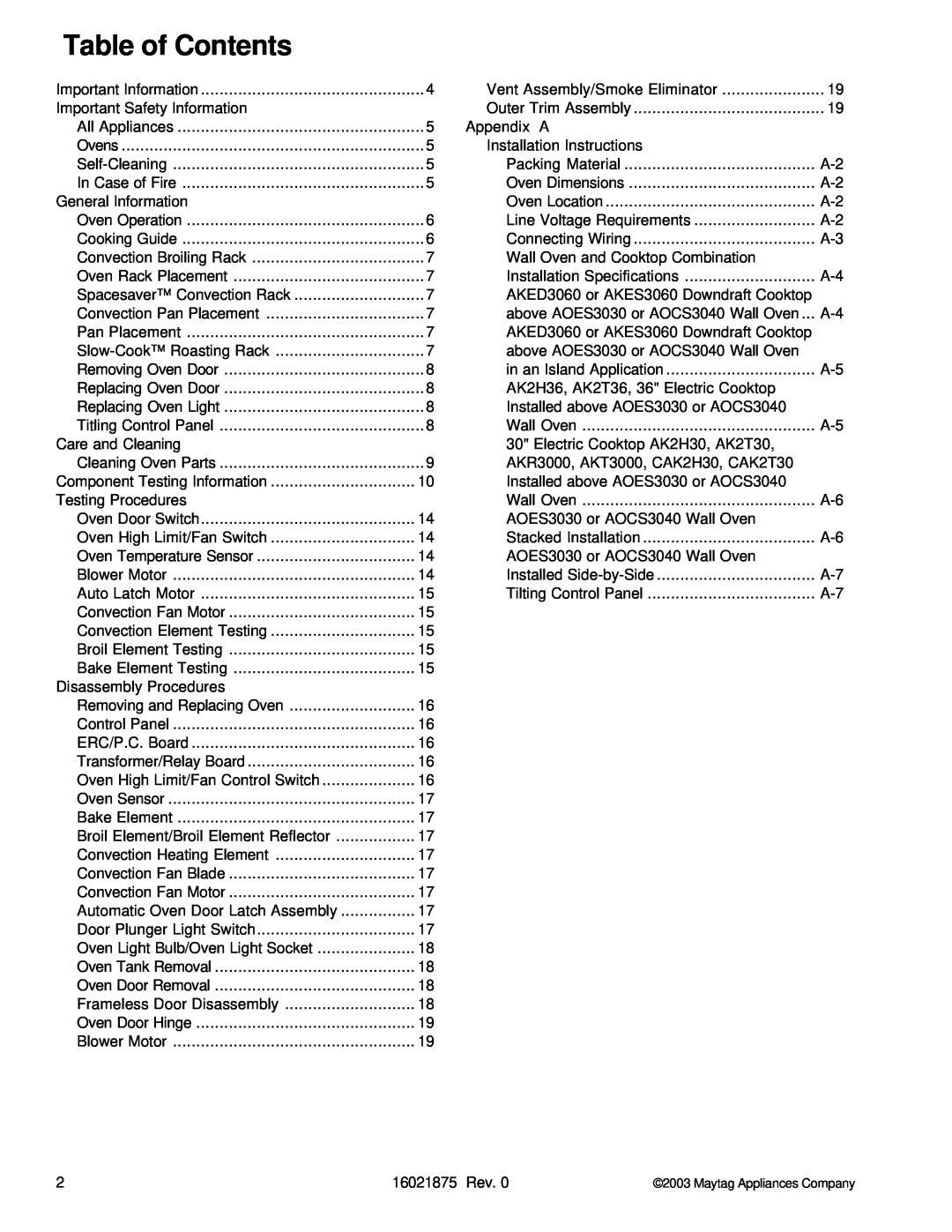 Maytag AOES3030, AOCS3040 manual Table of Contents 