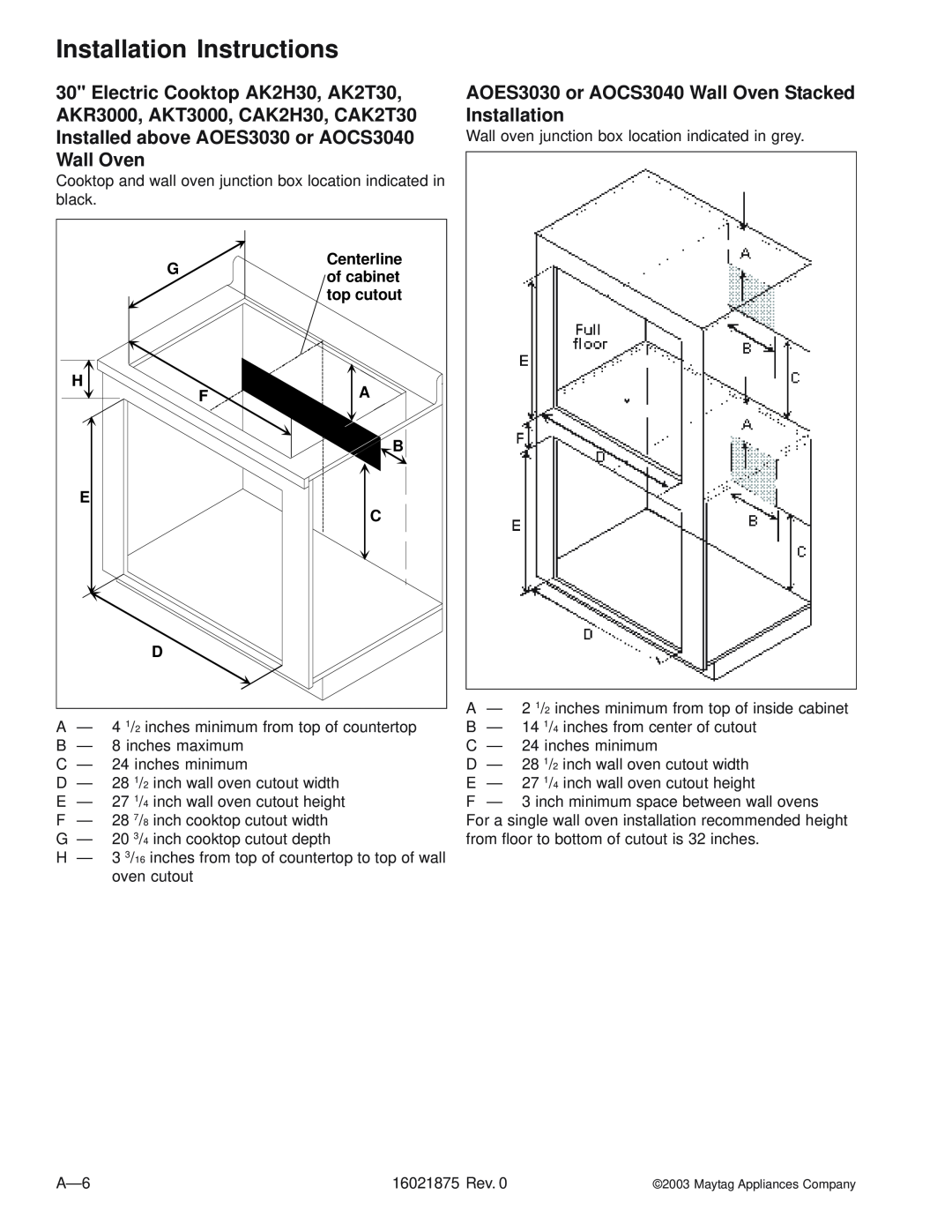 Maytag AOES3030, AOCS3040 manual Installation Instructions, of cabinet 