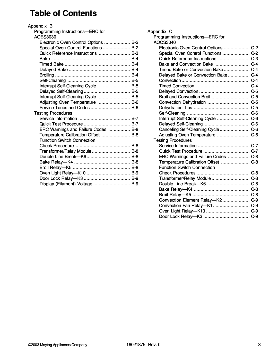 Maytag AOCS3040, AOES3030 manual Table of Contents, Appendix B 