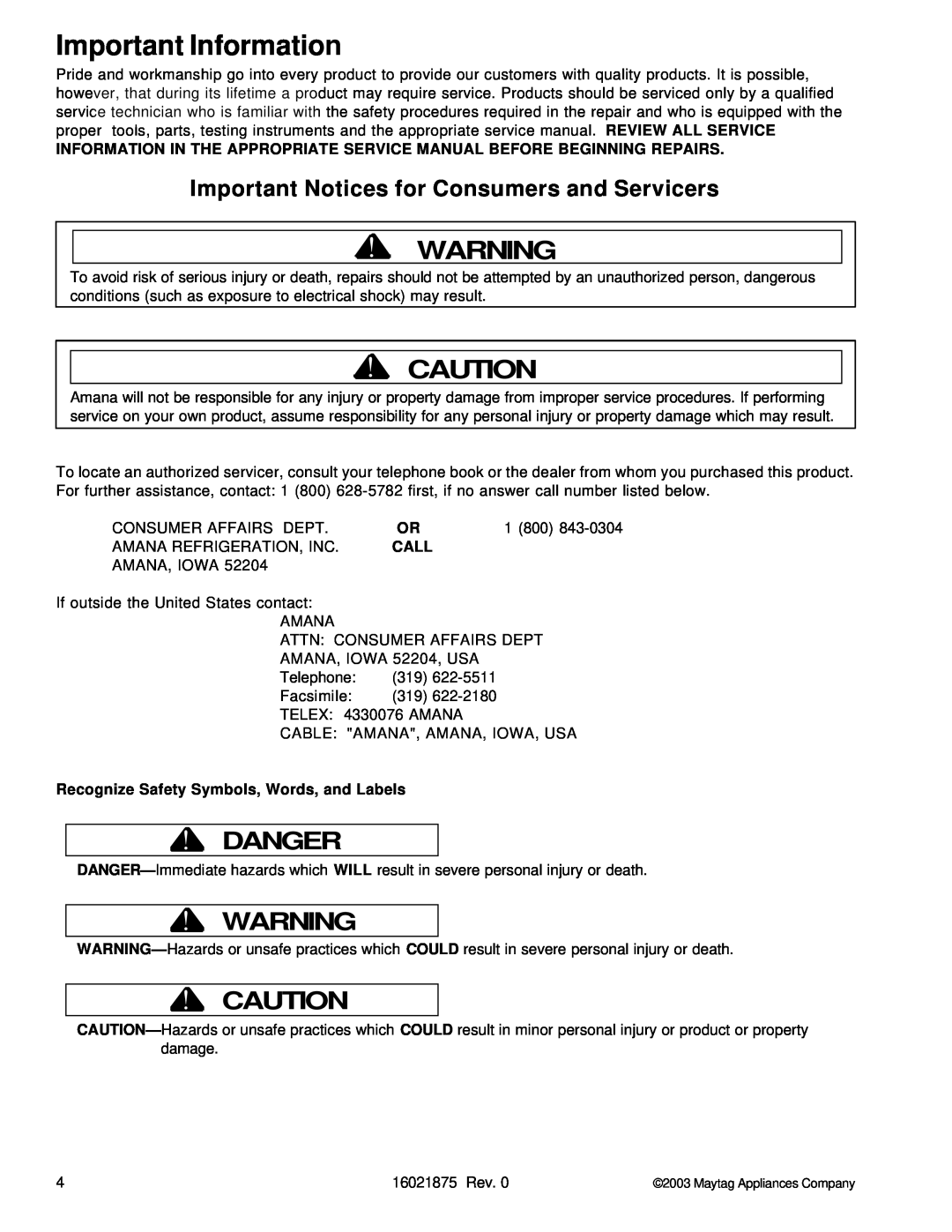 Maytag AOES3030, AOCS3040 manual Important Information, Danger, Important Notices for Consumers and Servicers, Call 