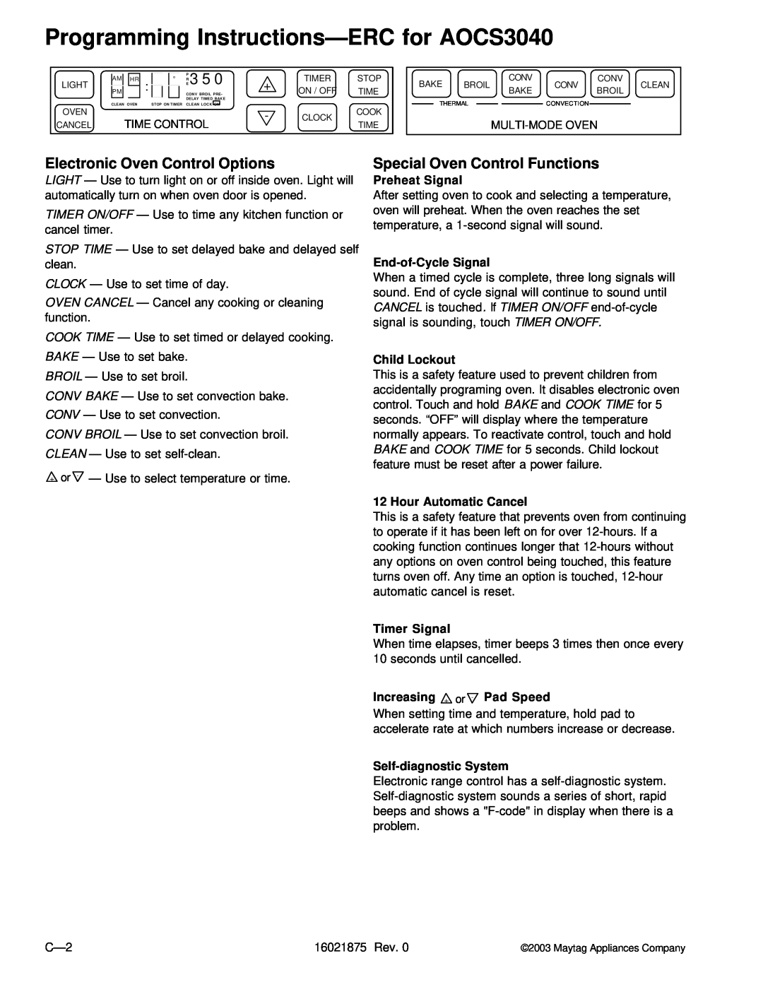 Maytag AOES3030 manual Programming Instructions-ERCfor AOCS3040, Er, Preheat Signal, End-of-CycleSignal, Child Lockout 