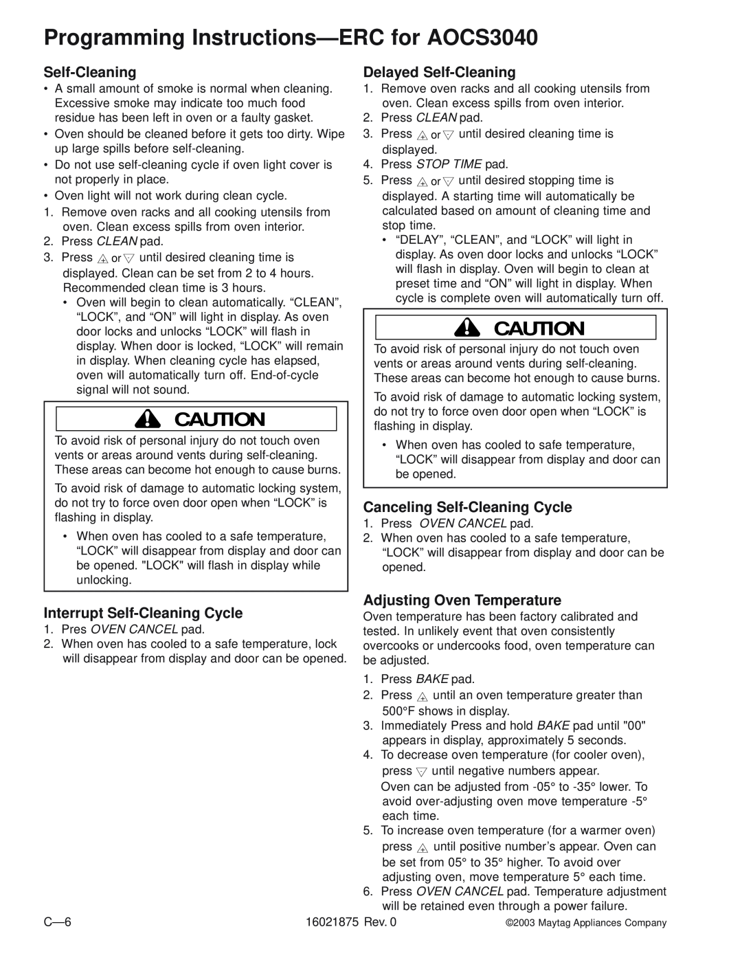 Maytag AOES3030 manual Canceling Self-CleaningCycle, Programming Instructions-ERCfor AOCS3040, Delayed Self-Cleaning 
