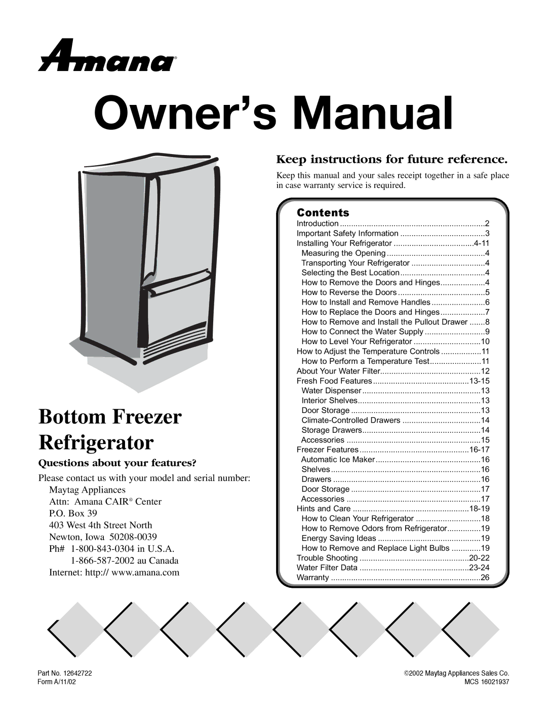 Maytag ARB2257CSR, ARB2557CSL, ARB2557CSR, ARB2259CB, ARB2557CW, ARB2557CC, ARB2259CC owner manual Bottom Freezer Refrigerator 