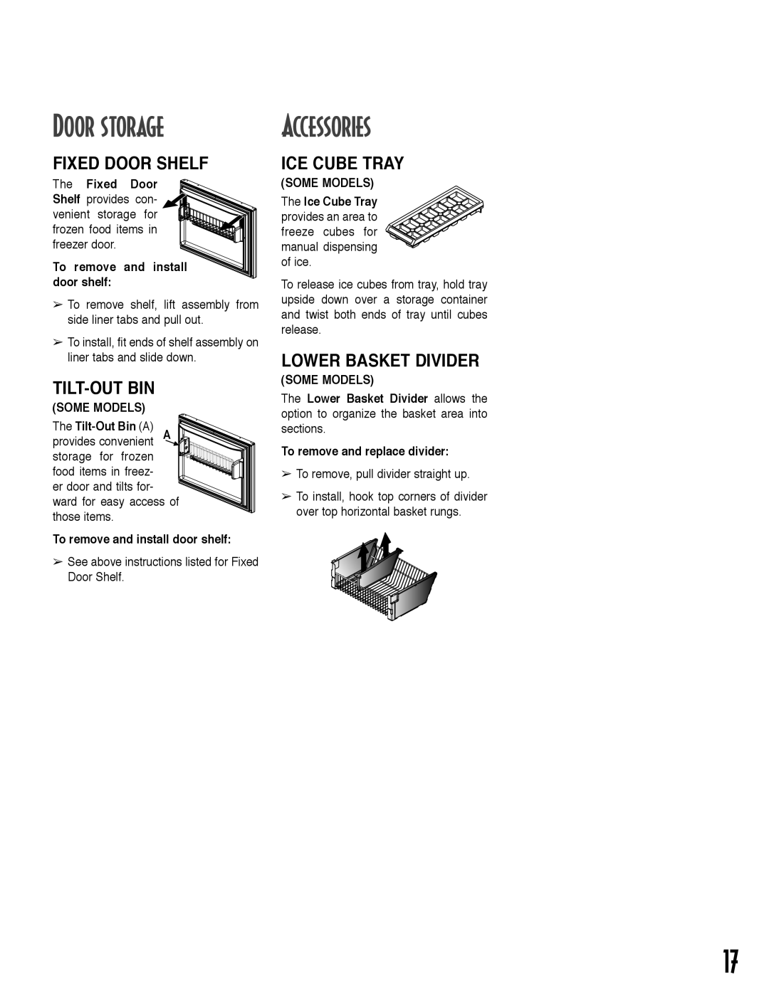 Maytag ARB2557CSR, ARB2557CSL, ARB2257CSR Fixed Door Shelf, ICE Cube Tray, Lower Basket Divider, Tilt-Out Bin a 