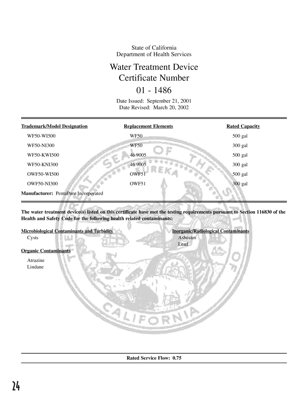 Maytag ARB2557CB, ARB2557CSL, ARB2257CSR, ARB2557CSR, ARB2259CB, ARB2557CW, ARB2557CC Water Treatment Device Certificate Number 