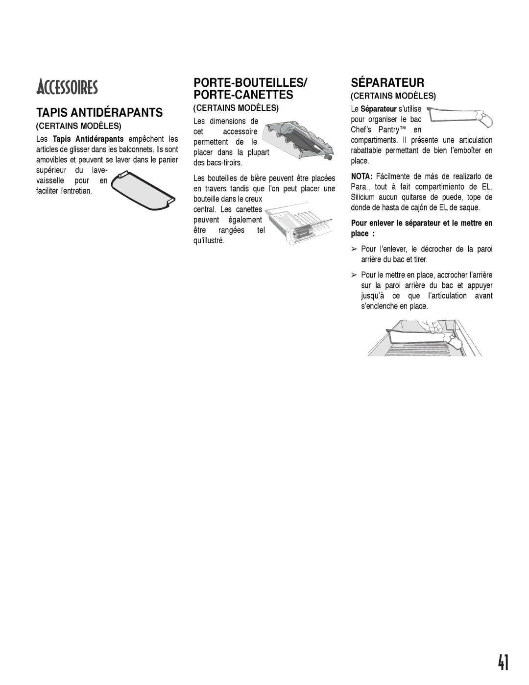 Maytag ARB2257CSL, ARB2557CSL, ARB2257CSR Accessoires, Tapis Antidérapants, Séparateur, Porte-Bouteilles/ Porte-Canettes 