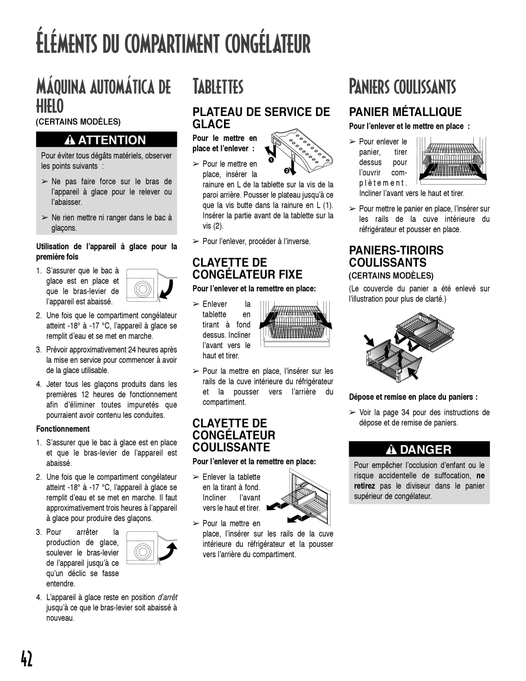 Maytag AFD2535DEW, ARB2557CSL, ARB2257CSR, ARB2557CSR, ARB2259CB Éléments du compartiment congélateur, Paniers coulissants 