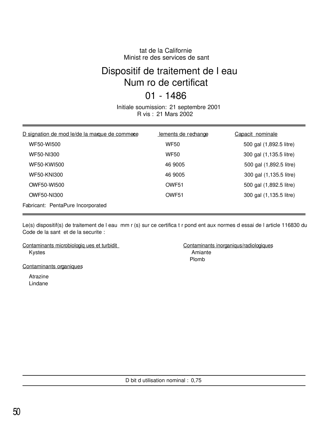 Maytag ARB2557CC, ARB2557CSL, ARB2257CSR, ARB2557CSR, ARB2259CB Dispositif de traitement de l’eau Numéro de certificat 