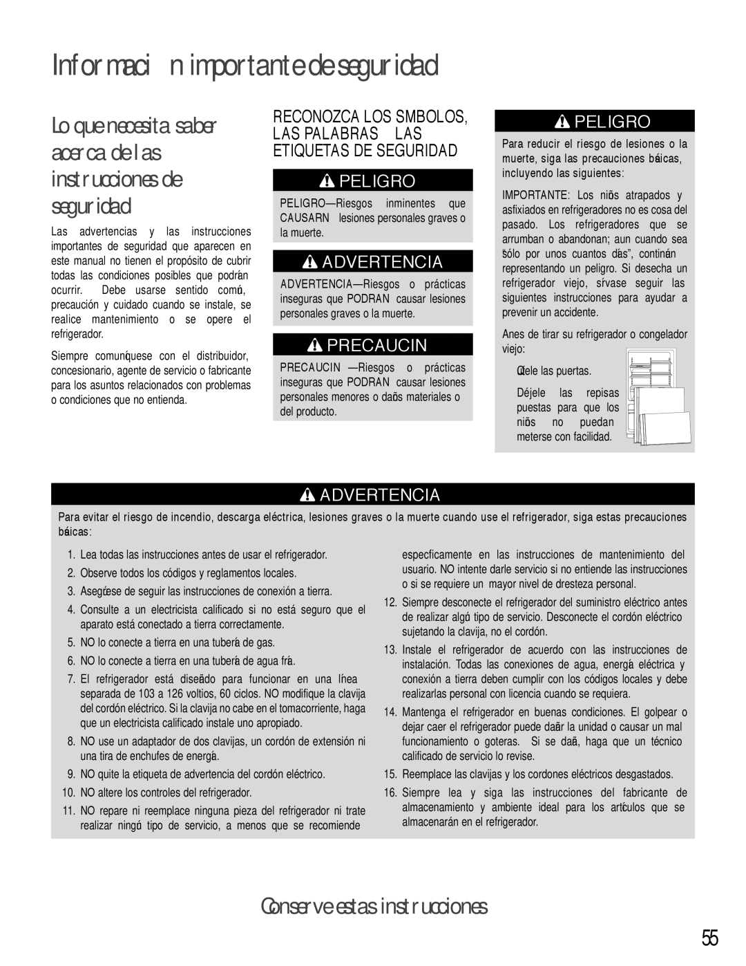 Maytag ARB2259CW, ARB2557CSL, ARB2257CSR, ARB2557CSR Información importante de seguridad, Conserve estas instrucciones 