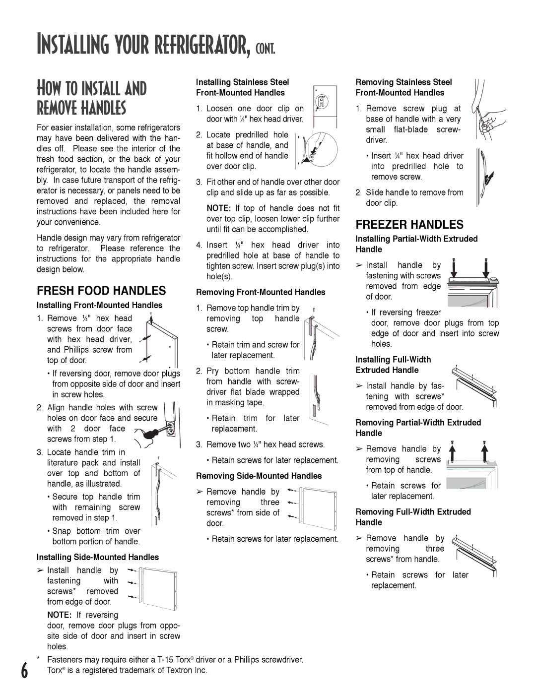 Maytag ARB2259CC, ARB2557CSL, ARB2257CSR, ARB2557CSR Installing your refrigerator, Fresh Food Handles, Freezer Handles 