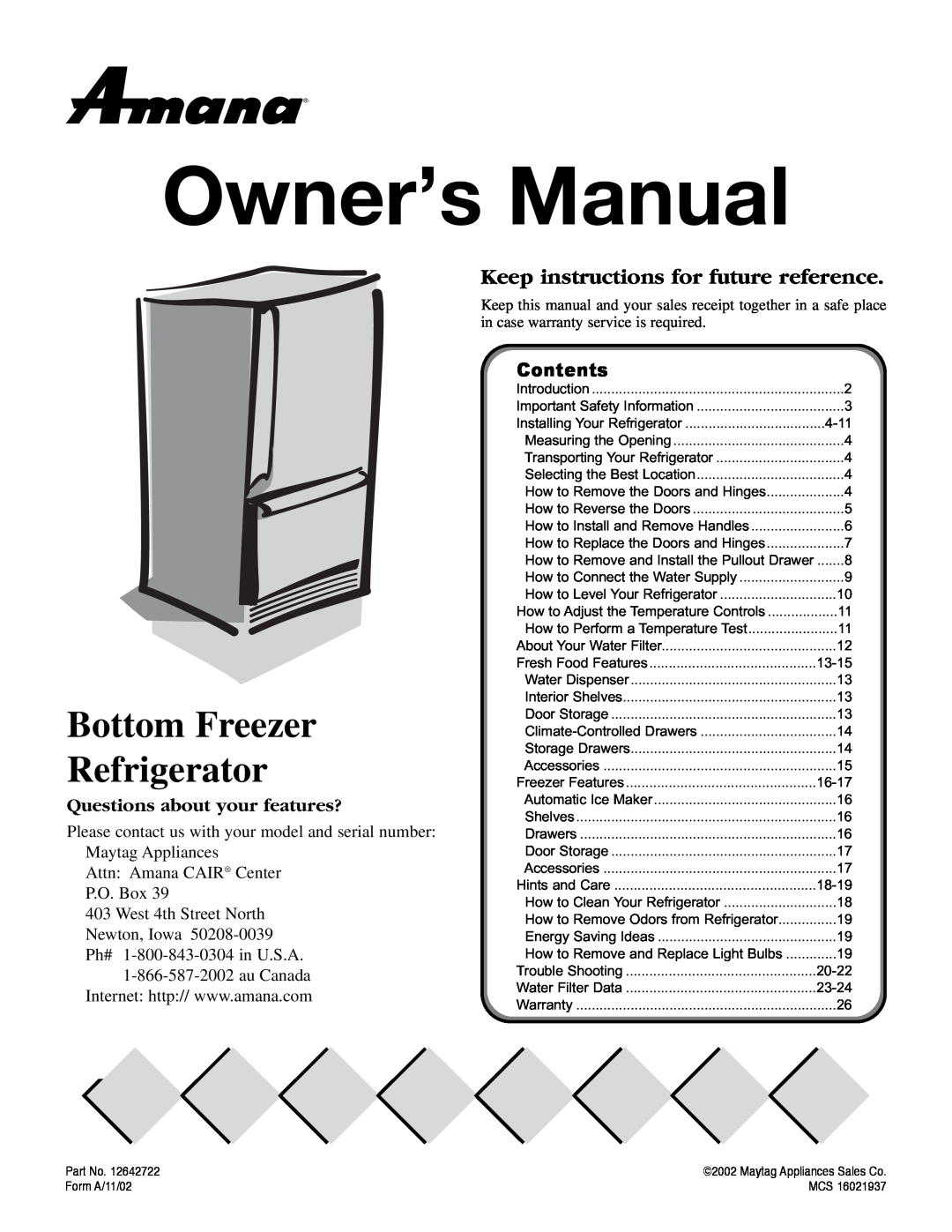 Maytag ARB2257CSR owner manual Bottom Freezer Refrigerator, Owner’s Manual, Keep instructions for future reference 