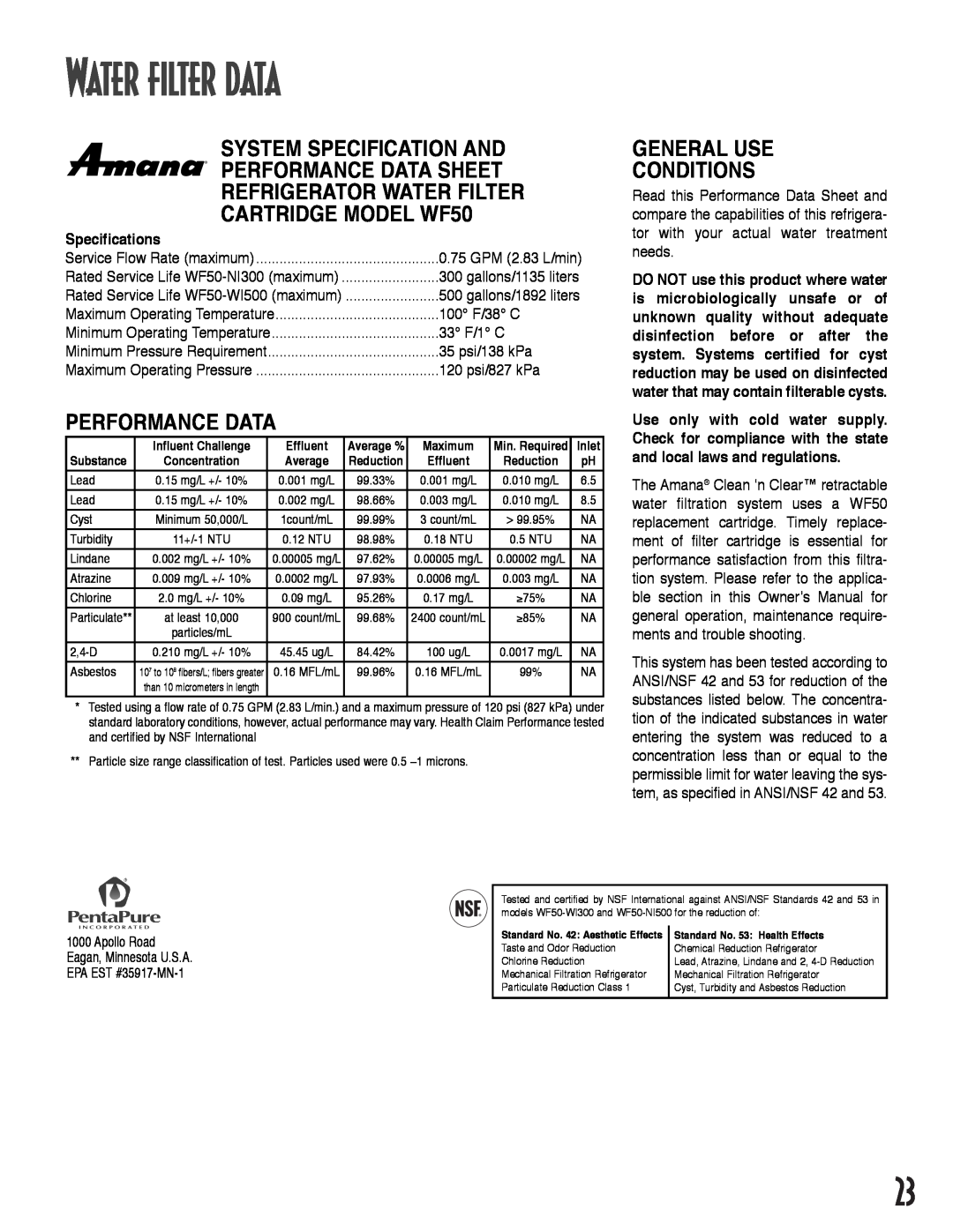 Maytag ARB2257CW, ARB2557CSL Water filter data, System Specification And Performance Data Sheet, General Use Conditions 