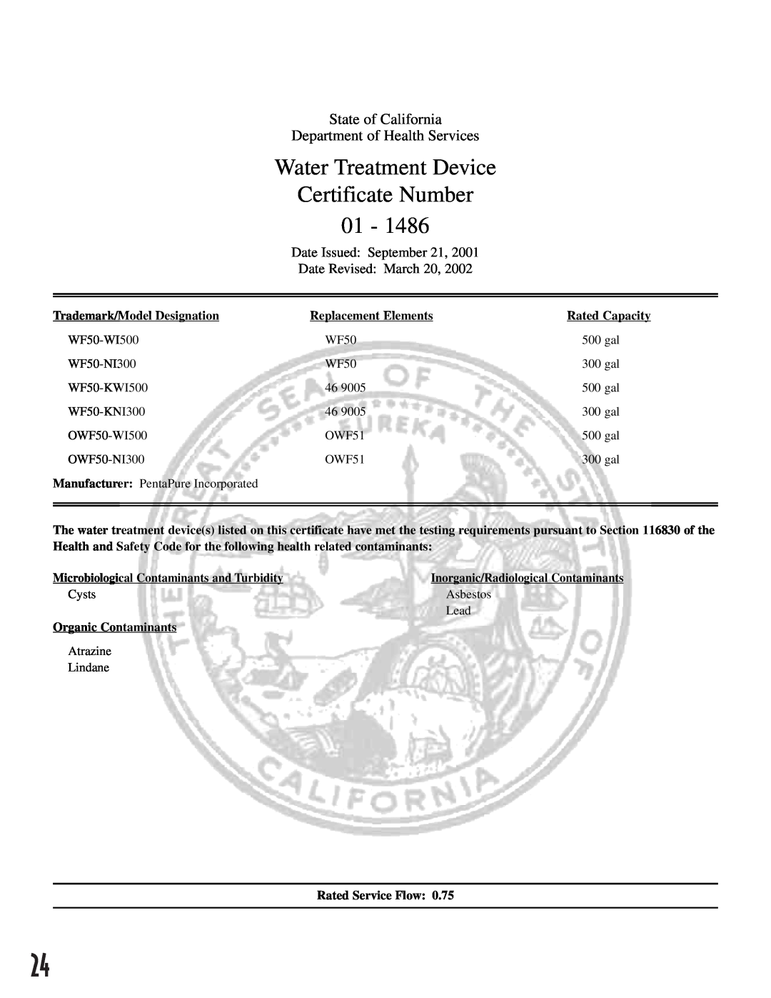 Maytag ARB2557CB Water Treatment Device Certificate Number 01, State of California Department of Health Services 
