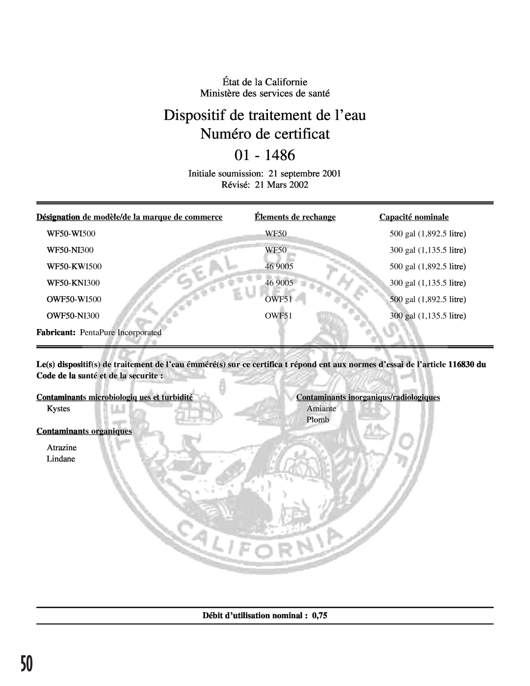 Maytag ARB2557CC, ARB2557CSL, ARB2257CSR Dispositif de traitement de l’eau, Numéro de certificat 01, État de la Californie 
