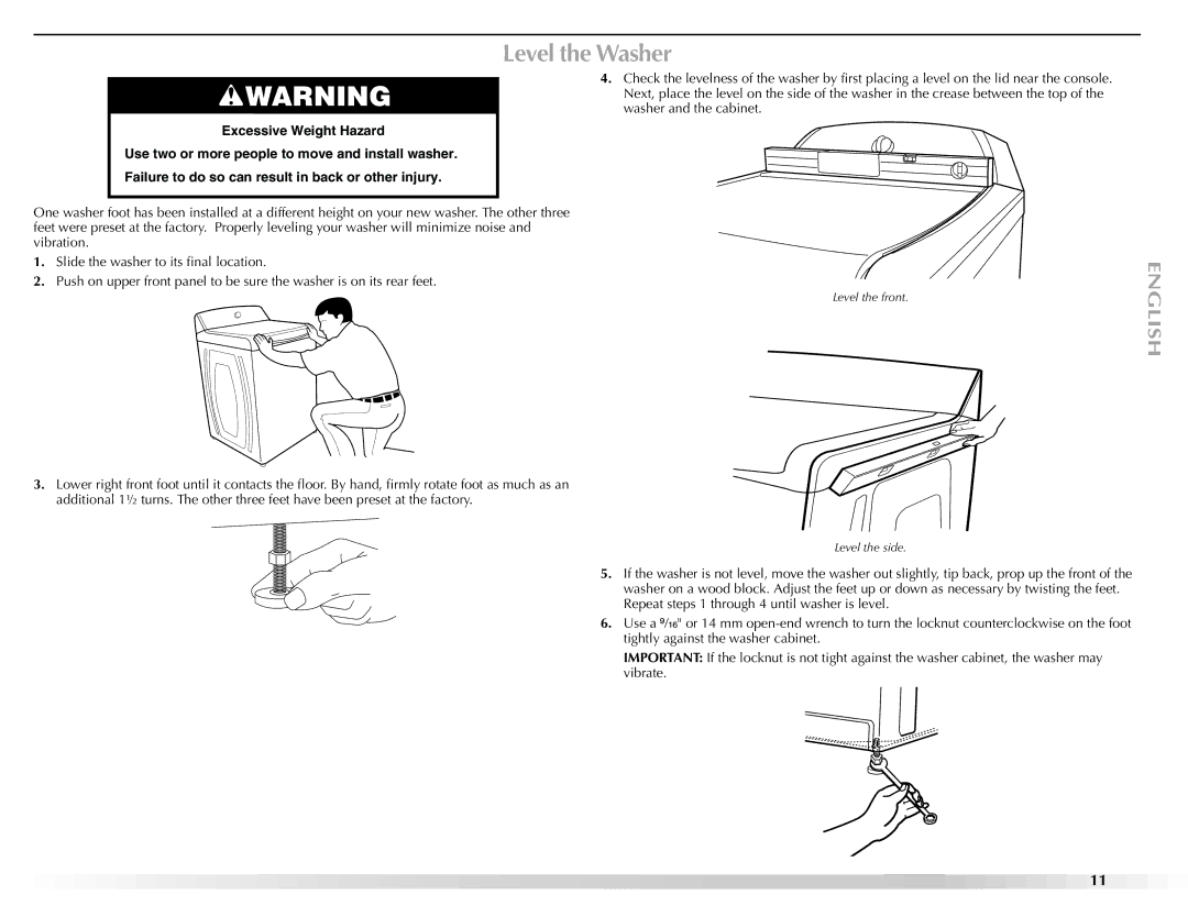 Maytag BRAVOSTM manual Level the Washer 