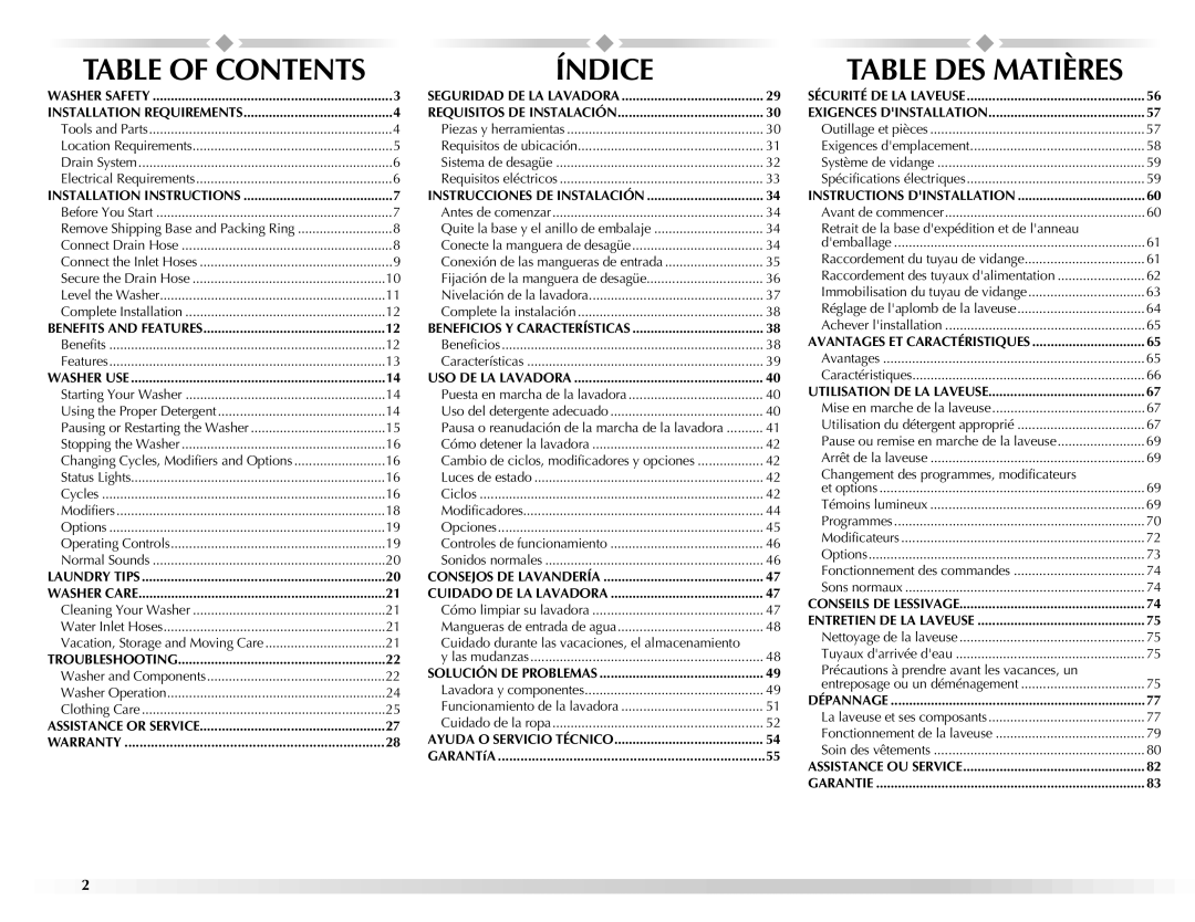 Maytag BRAVOSTM manual Índice, Table of Contents 