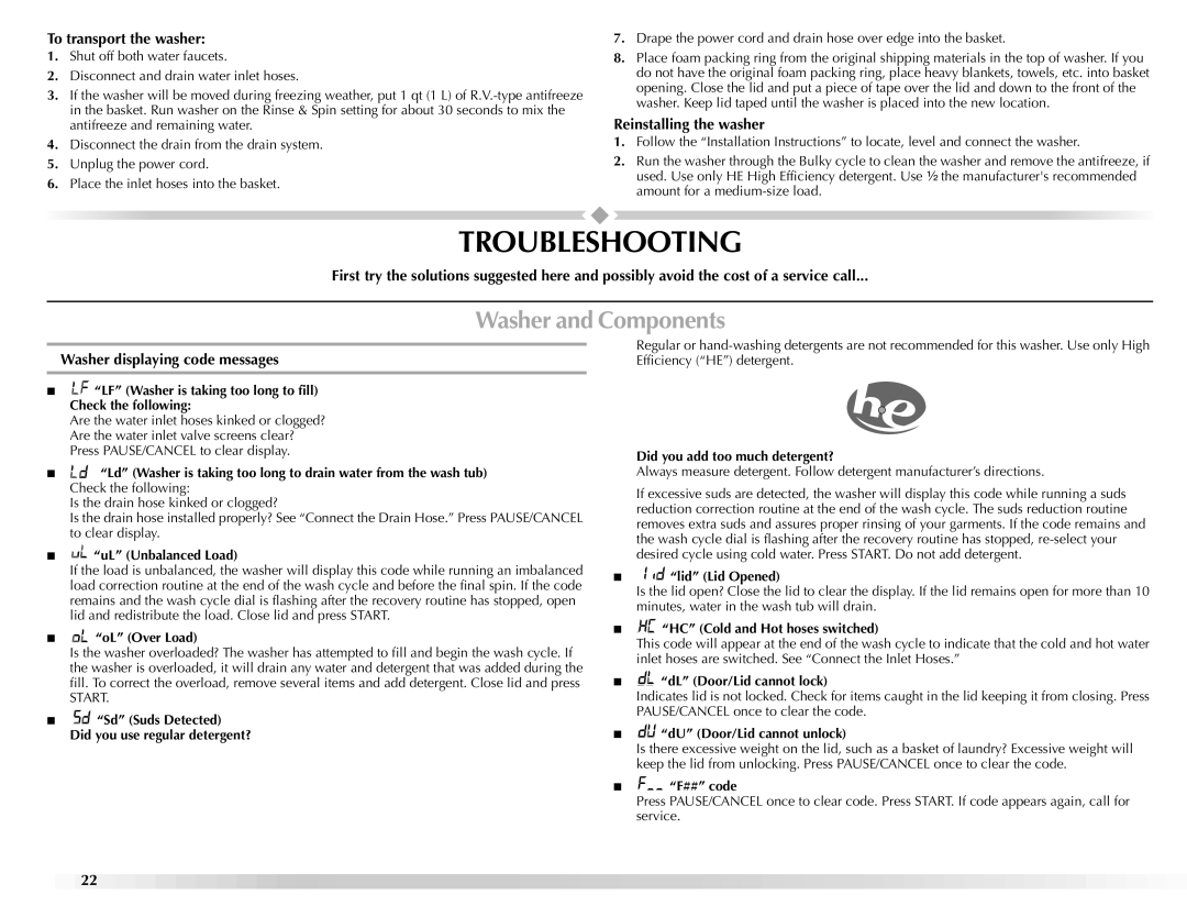 Maytag BRAVOSTM manual Troubleshooting, Washer and Components, To transport the washer, Reinstalling the washer 