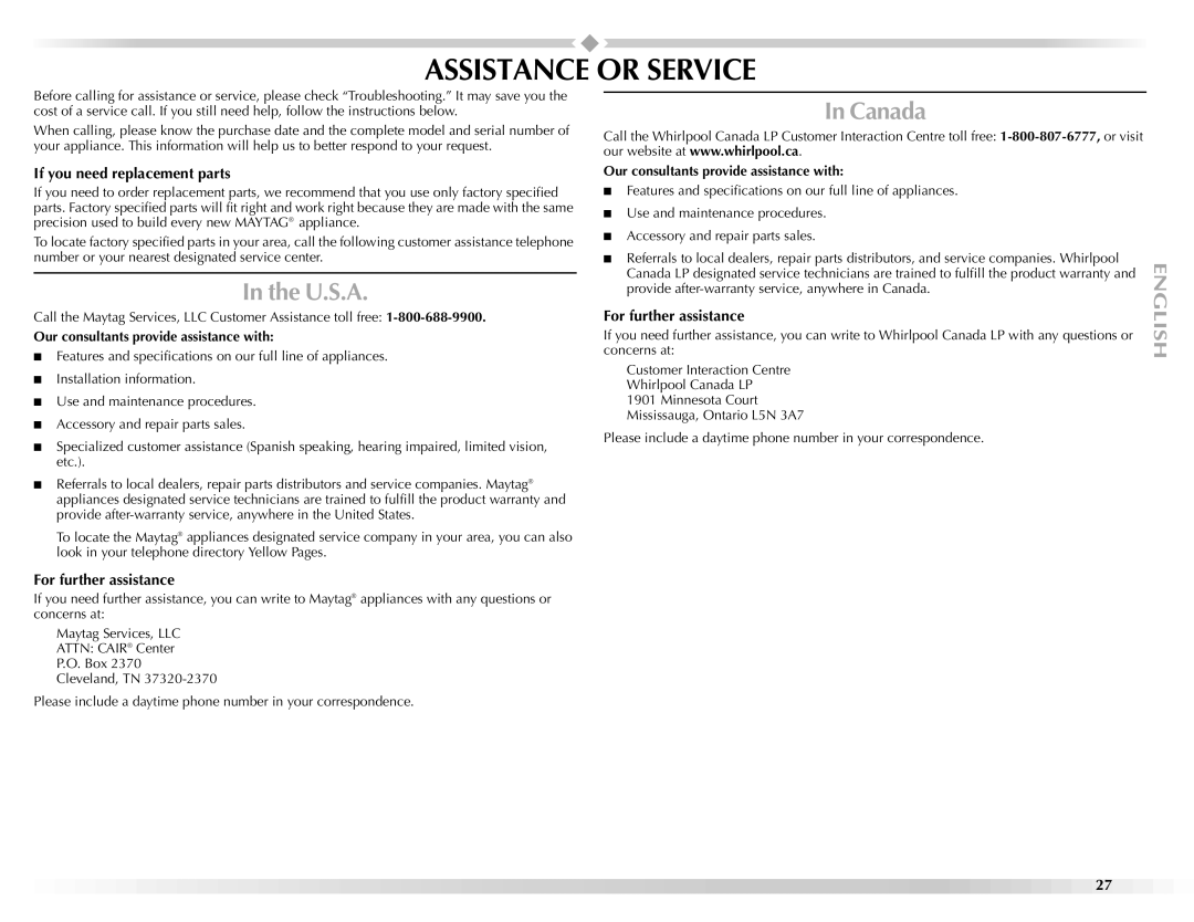 Maytag BRAVOSTM manual Assistance or Service, U.S.A, Canada, If you need replacement parts, For further assistance 