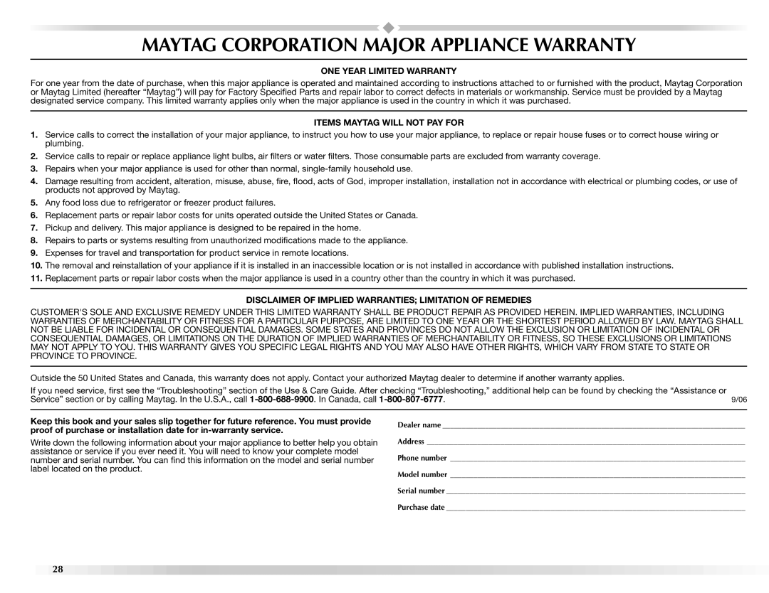 Maytag BRAVOSTM manual Maytag Corporation Major Appliance Warranty, ONE Year Limited Warranty 