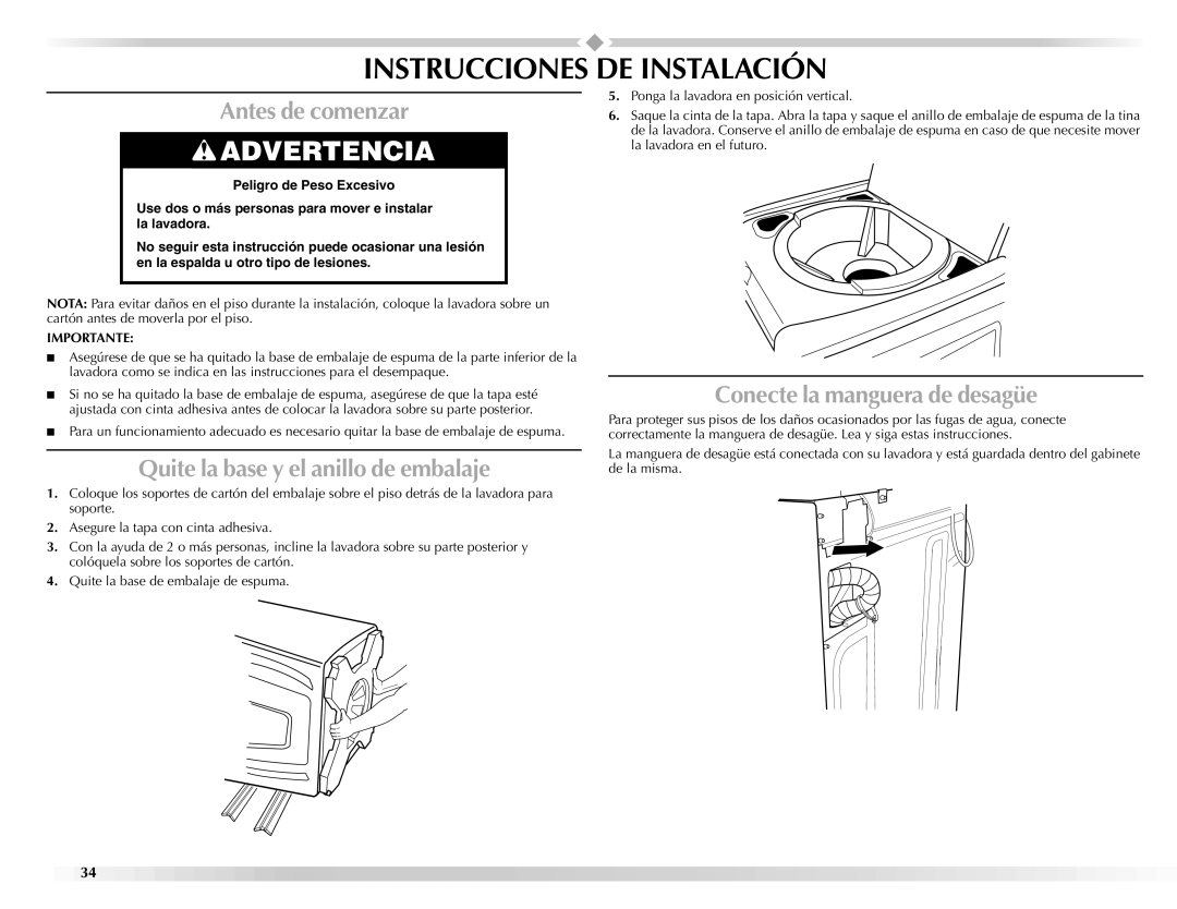 Maytag BRAVOSTM manual Instrucciones DE Instalación, Antes de comenzar, Quite la base y el anillo de embalaje 