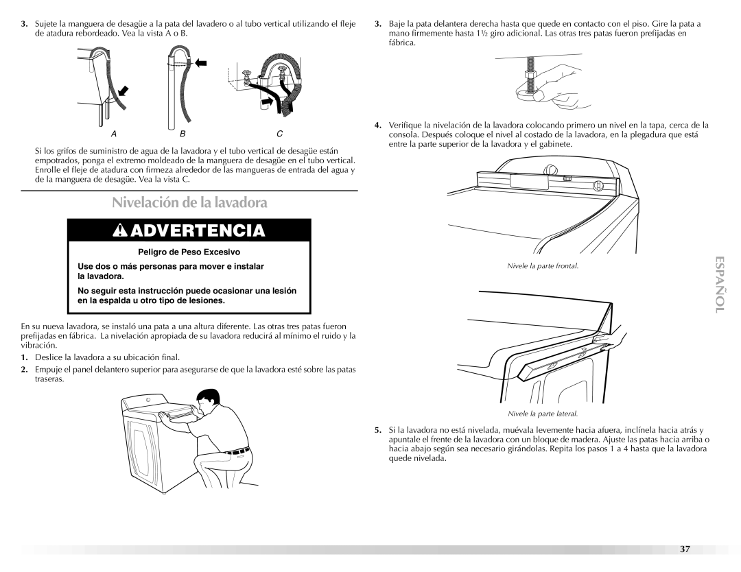 Maytag BRAVOSTM manual Nivelación de la lavadora 