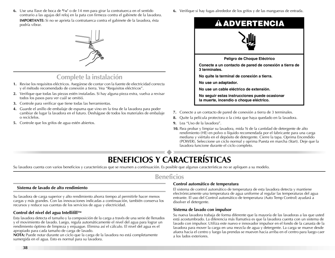 Maytag BRAVOSTM manual Beneficios Y Características, Complete la instalación 