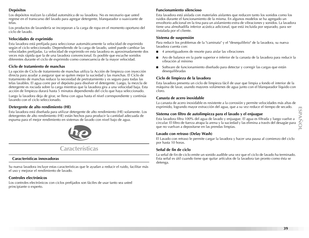 Maytag BRAVOSTM manual Características 