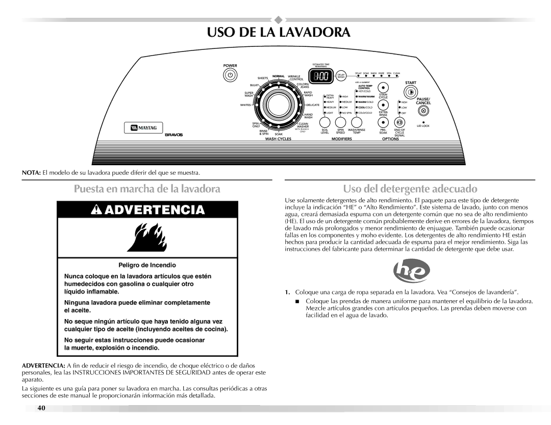 Maytag BRAVOSTM manual USO DE LA Lavadora, Puesta en marcha de la lavadora, Uso del detergente adecuado 