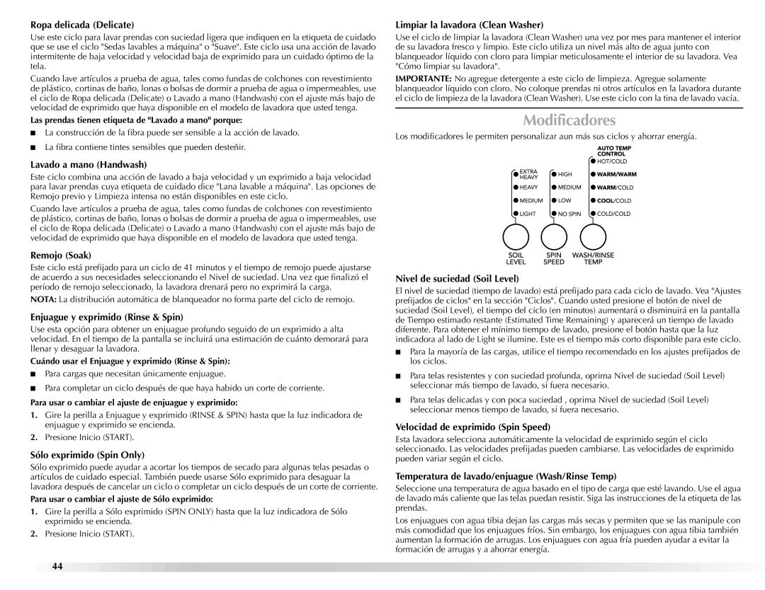 Maytag BRAVOSTM manual Modificadores 