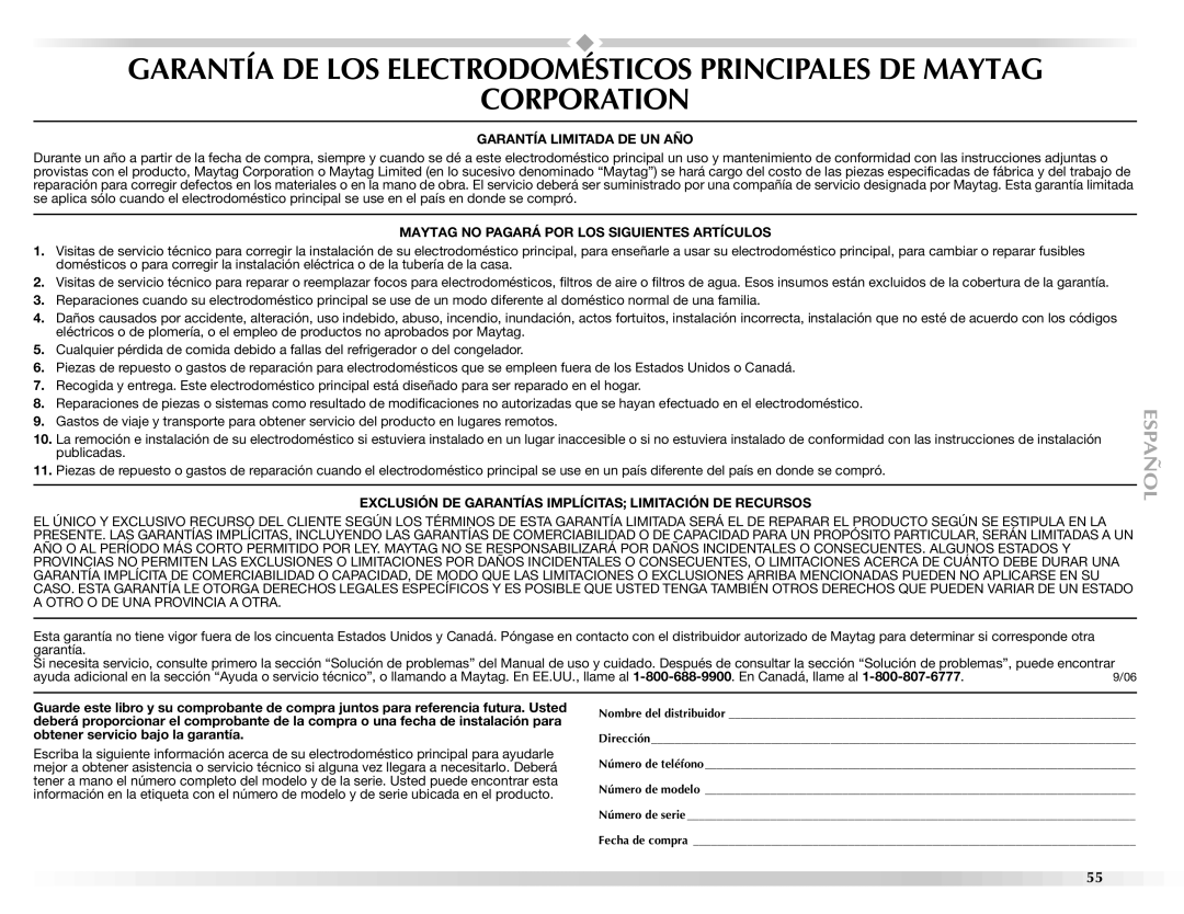 Maytag BRAVOSTM manual Garantía Limitada DE UN AÑO 