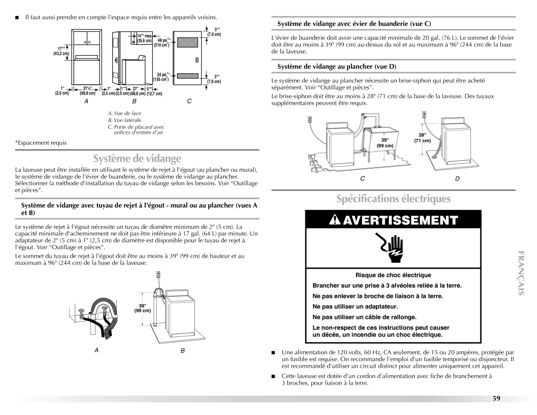 Maytag BRAVOSTM manual Spécifications électriques, Système de vidange avec évier de buanderie vue C 