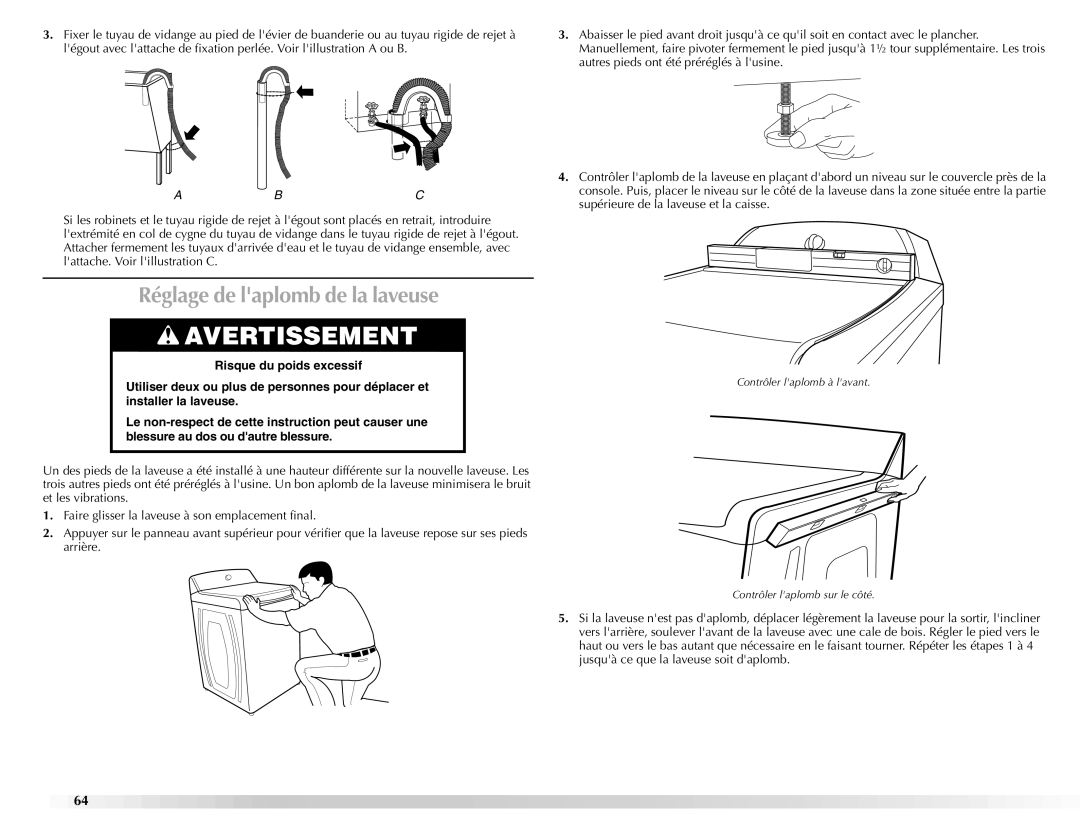 Maytag BRAVOSTM manual Réglage de laplomb de la laveuse 