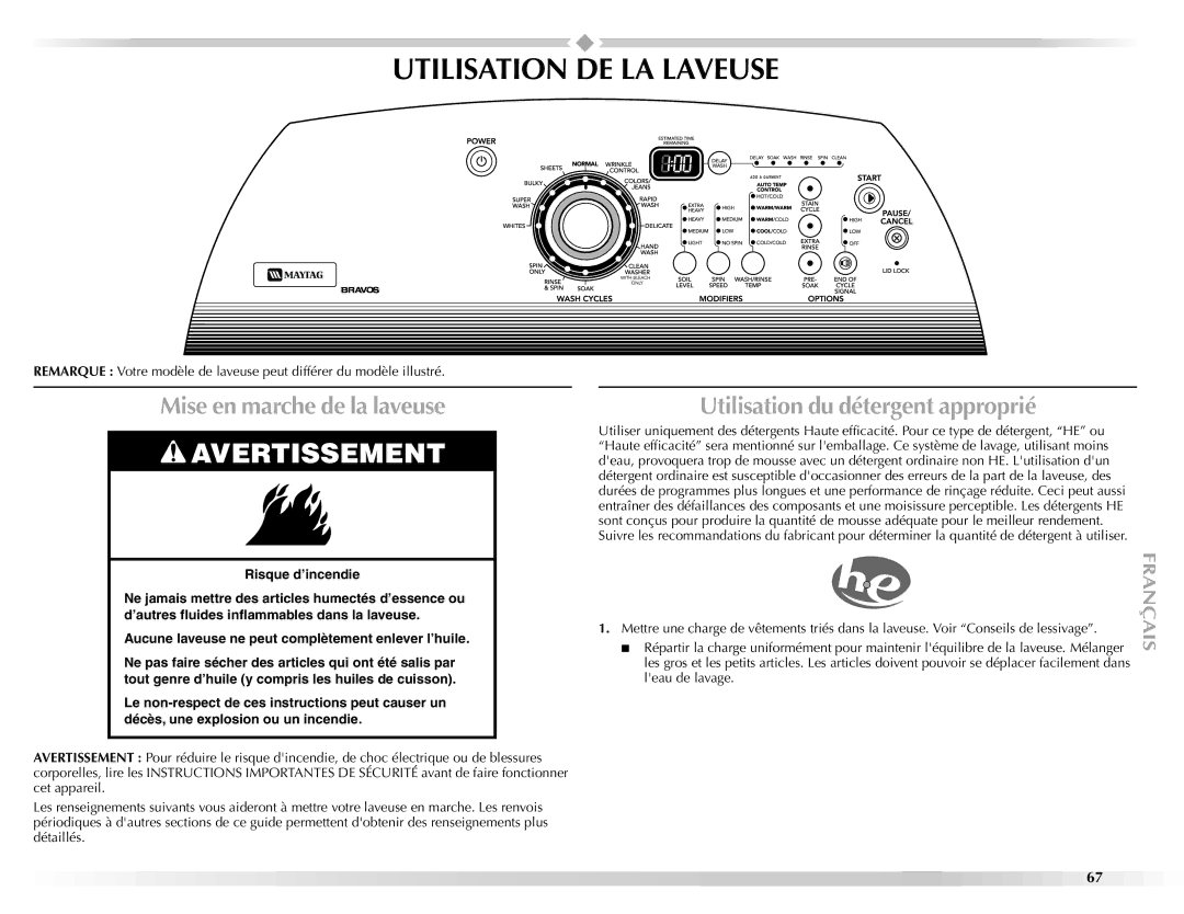 Maytag BRAVOSTM manual Utilisation DE LA Laveuse, Mise en marche de la laveuse, Utilisation du détergent approprié 