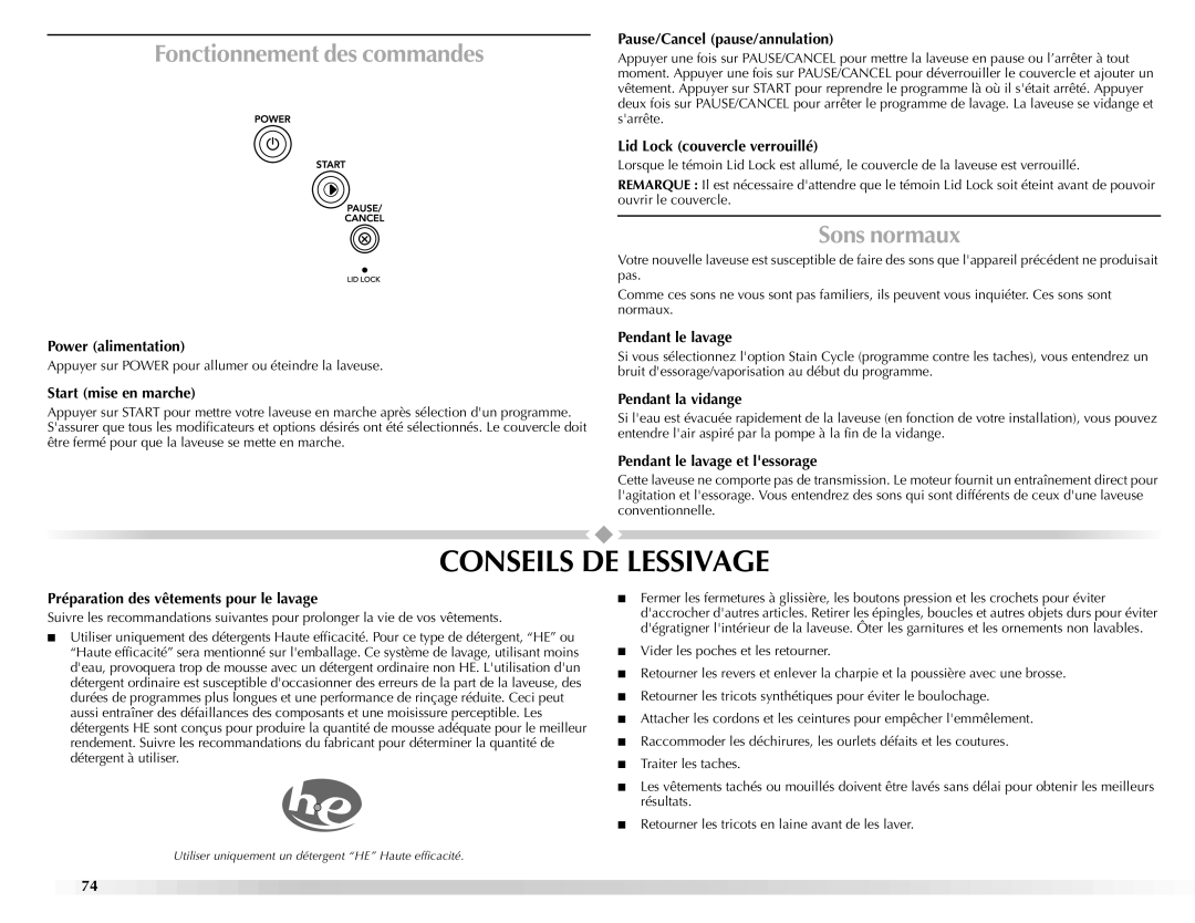 Maytag BRAVOSTM manual Conseils DE Lessivage, Fonctionnement des commandes, Sons normaux 