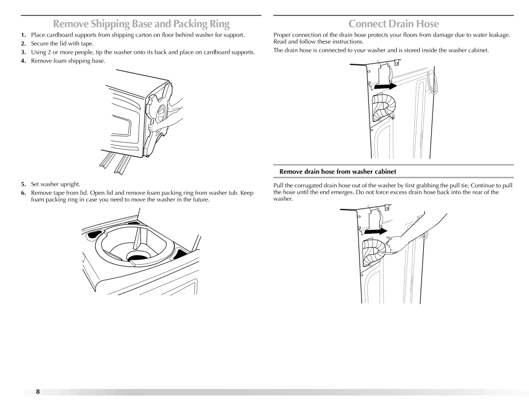 Maytag BRAVOSTM manual Remove Shipping Base and Packing Ring, Connect Drain Hose, Remove drain hose from washer cabinet 