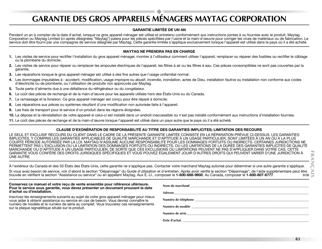 Maytag BRAVOSTM manual Garantie DES Gros Appareils Ménagers Maytag Corporation 